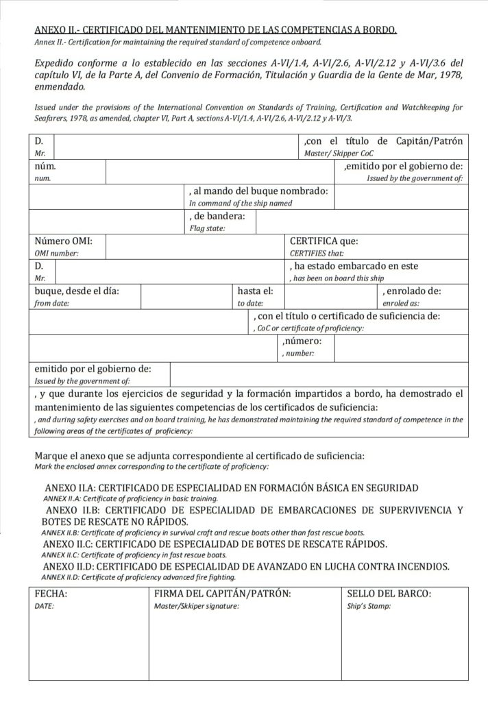 ANEXO II Certificado del mantenimiento de las competencias a bordo